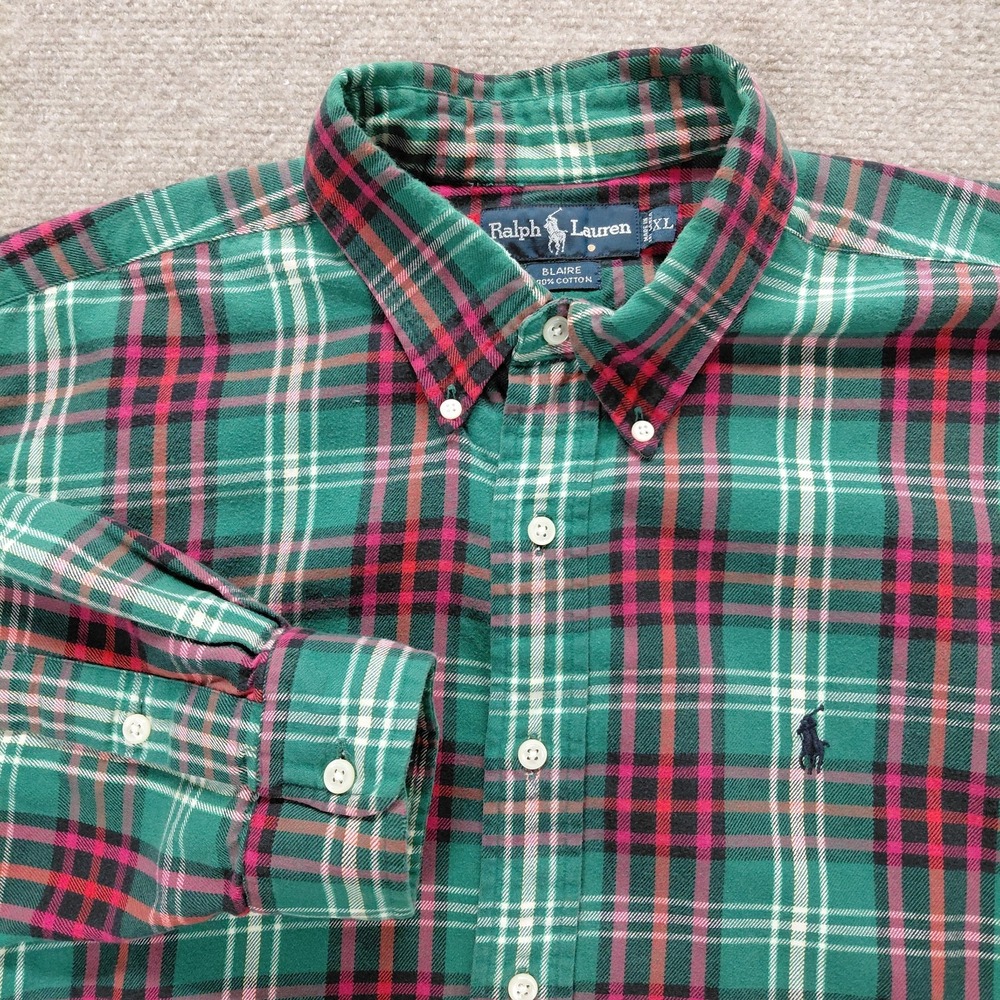 Polo Ralph Lauren Green Pink Red Bright Plaid Soft Button Flannel Shirt Men XL